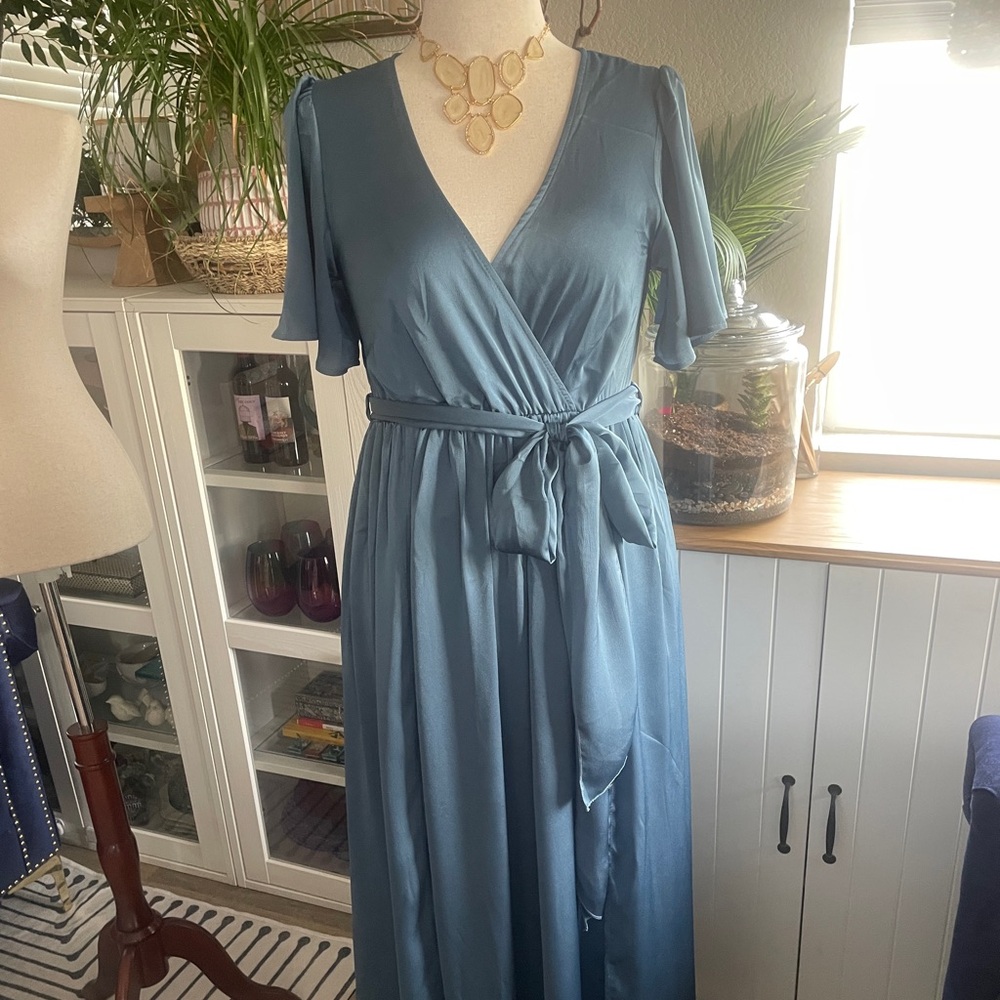 Baltic Born Dusty Blue Satin Wrap Maxi Dress